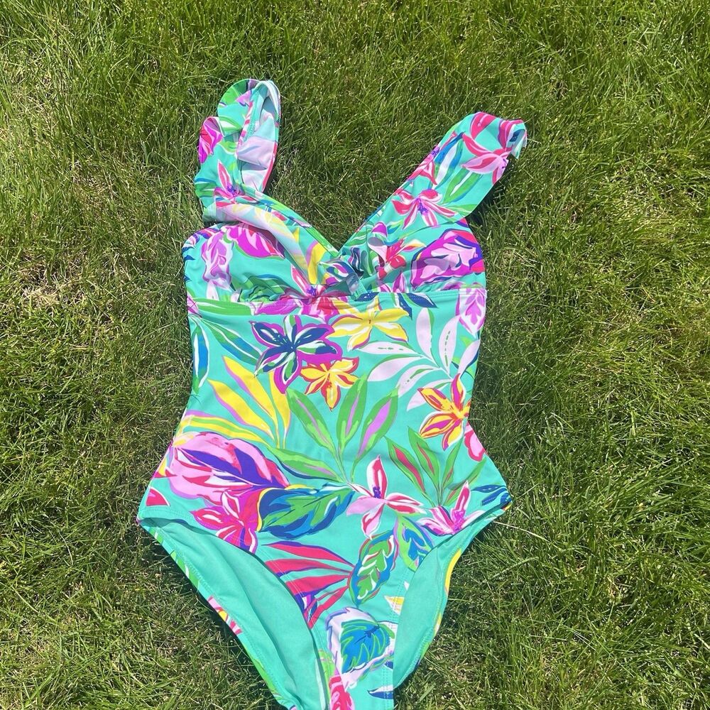 Stella Parker Floral Ruffle One Piece Swimsuit Tropical KL3TM16 NWT $108 Small
